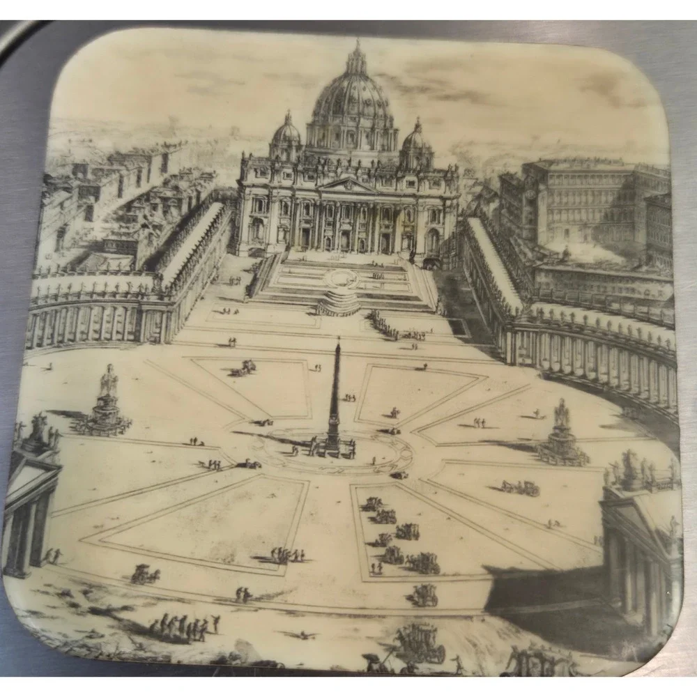 Vintage‎ Rome Italy Architectural Etching Coasters Set of 7 Red Backing Landmark